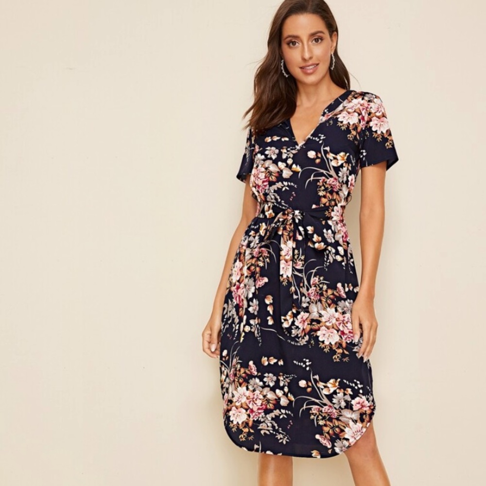 navy blue floral tie dress